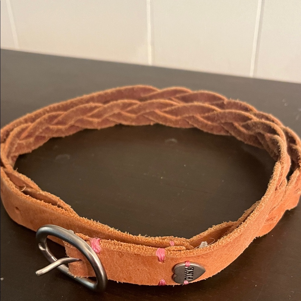 Victoria's Secret Braided Suede Belt in Tan-Brown with Pink Stitching